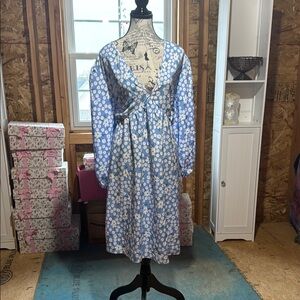 SHEIN Blue Casual Sundress with Plunge Neckline and Bishop Sleeves